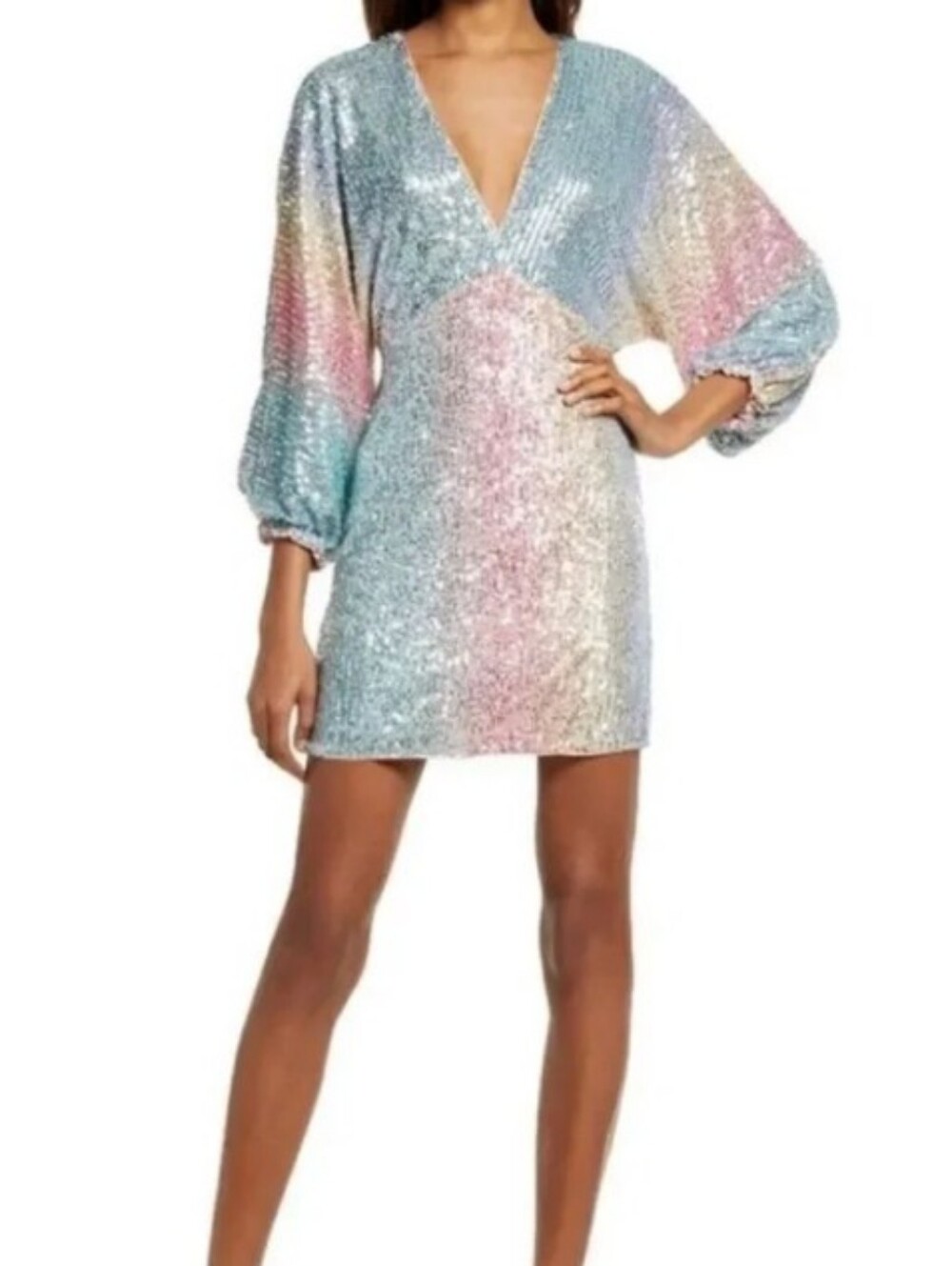 Saylor Sequin Merryweather Mini Dress Puff Sleeve Pastel Rainbow Ombre